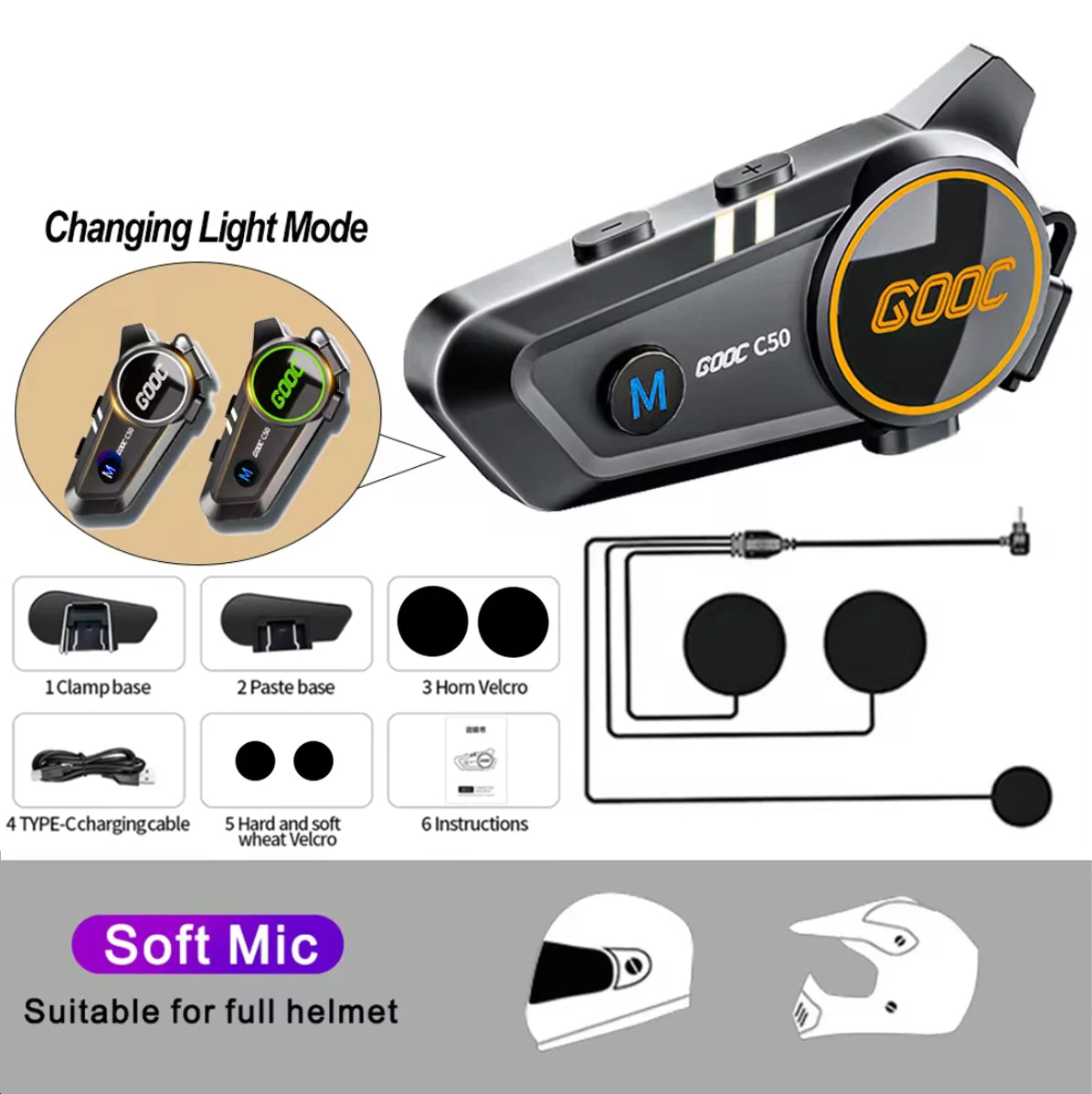 3D-Surround-Headset für Motorradhelme mit starkem Bass, Stereo-Bluetooth, Freisprecheinrichtung, IPX7-Wasserdicht mit dreifarbigem Umgebungslicht