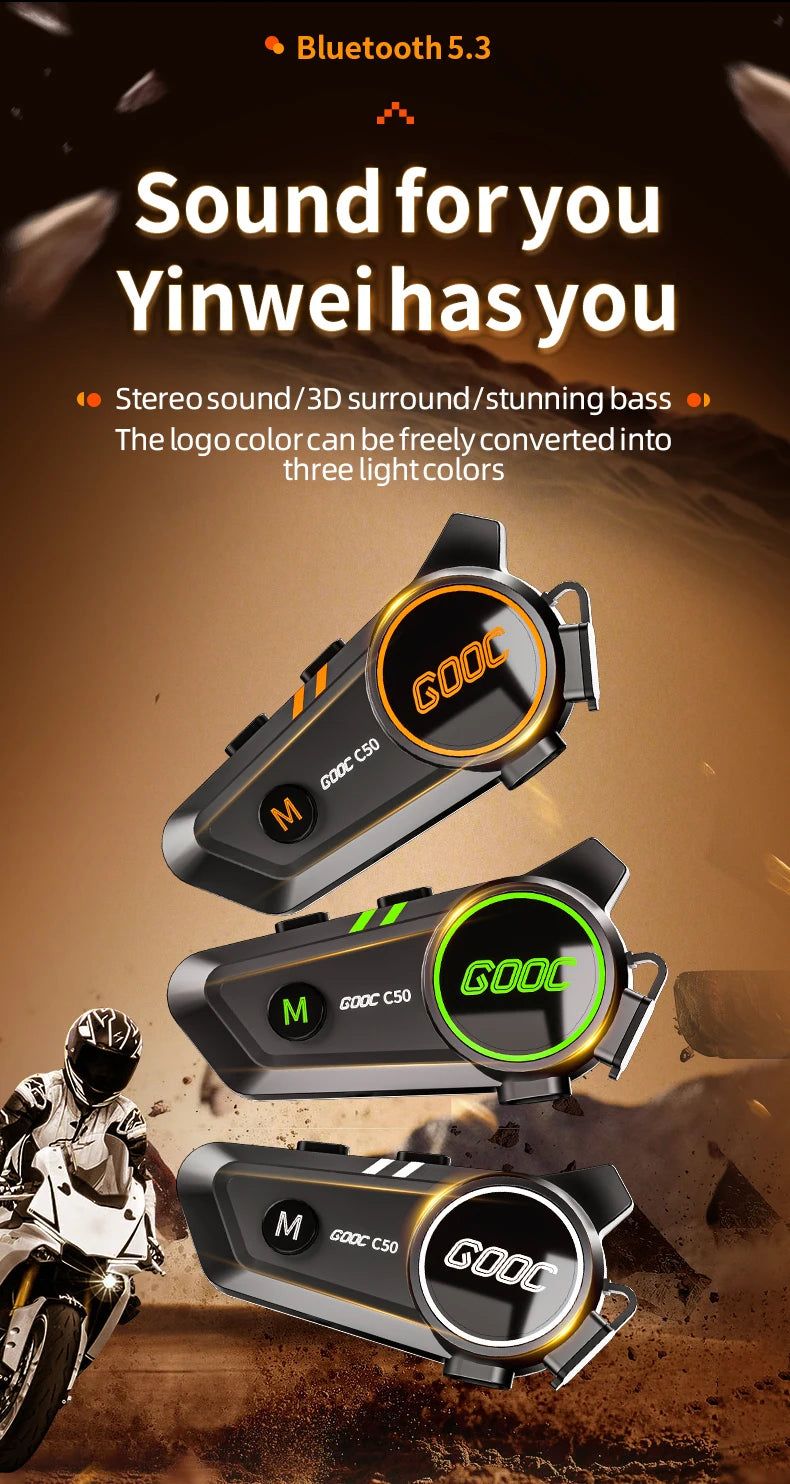 3D-Surround-Headset für Motorradhelme mit starkem Bass, Stereo-Bluetooth, Freisprecheinrichtung, IPX7-Wasserdicht mit dreifarbigem Umgebungslicht