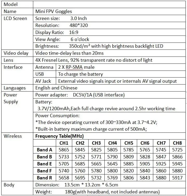 LS-VR009 5,8 GHz FPV-Brille, Video-Headset, 5,8 G, 40 Kanäle, HD, 3 Zoll, 16:9-Display, Mini-FPV-Brille für FPV-Quadcopter-Drohnen-Modell